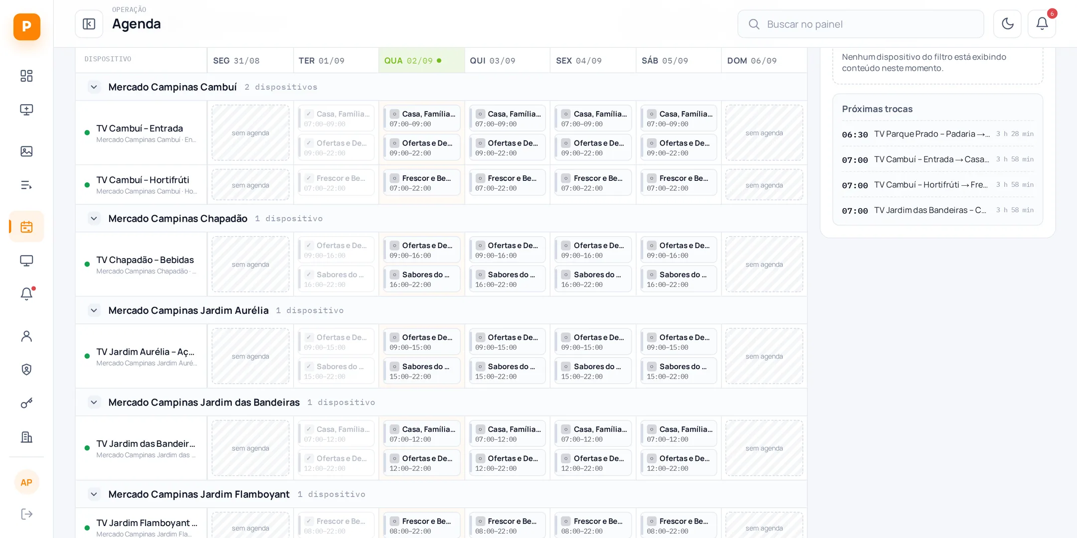Agenda semanal do PIQSELL, com os pontos de exibição agrupados por unidade e as playlists programadas em cada dia e faixa de horário.